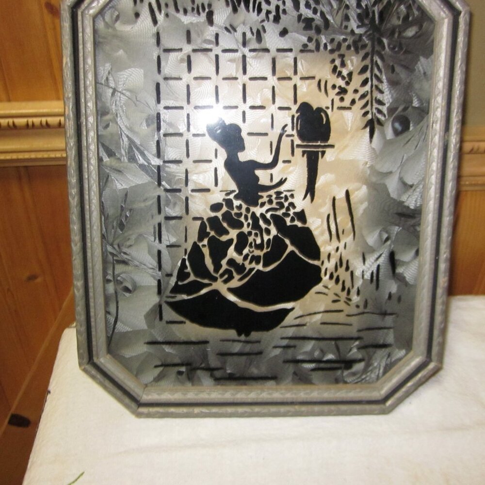 victorian 1940s Silhouette reverse convex glass pictures framed 9x11 lady bird - Picture 2 of 5